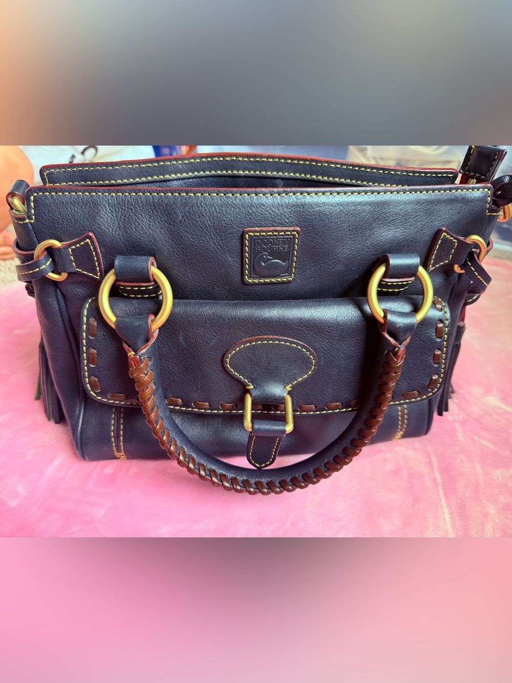 Dooney & Bourke Brown Leather Satchel with Yellow Stitching